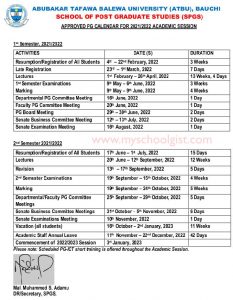 ATBU Postgraduate Academic Calendar 20212022 1