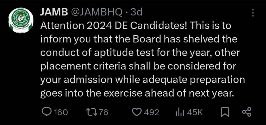 JAMB Announces Cancellation of Aptitude Test for 2024 Direct Entry Candidates