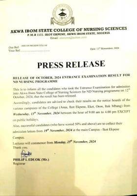 Akwa Ibom State College of Nursing Sciences Entrance Exam Results 2024/2025 Now Out