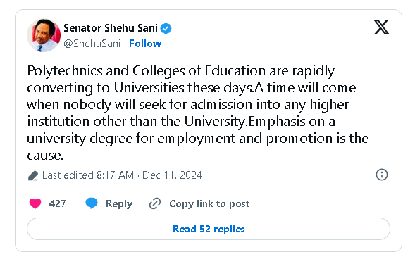 Shehu Sani's prediction of the extinction of polytechnics and colleges of education based on JAMB scores