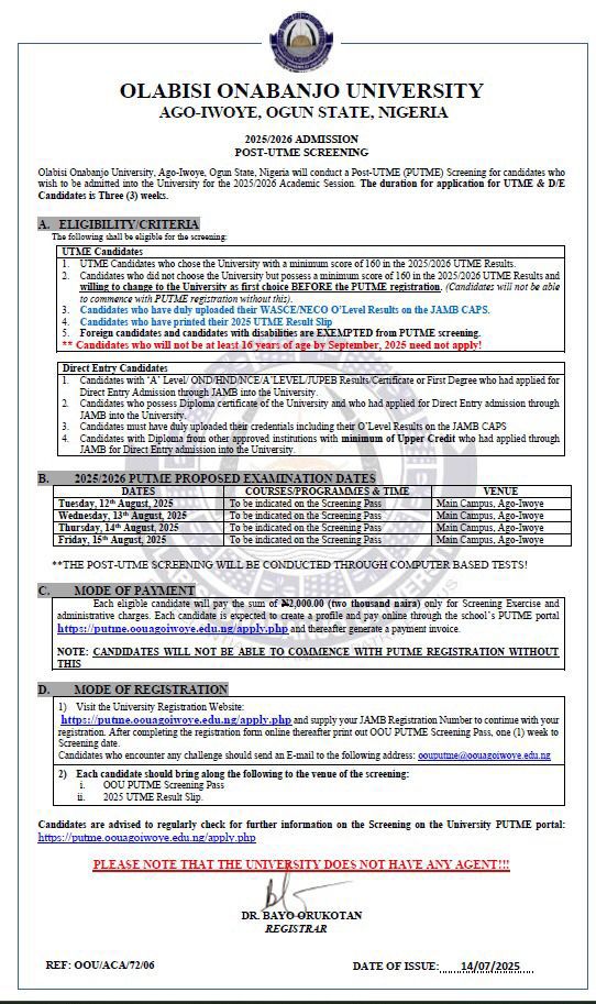 OOU Ago-Iwoye Post-UTME Form for 2025/2026 Session is Out — Apply Now!