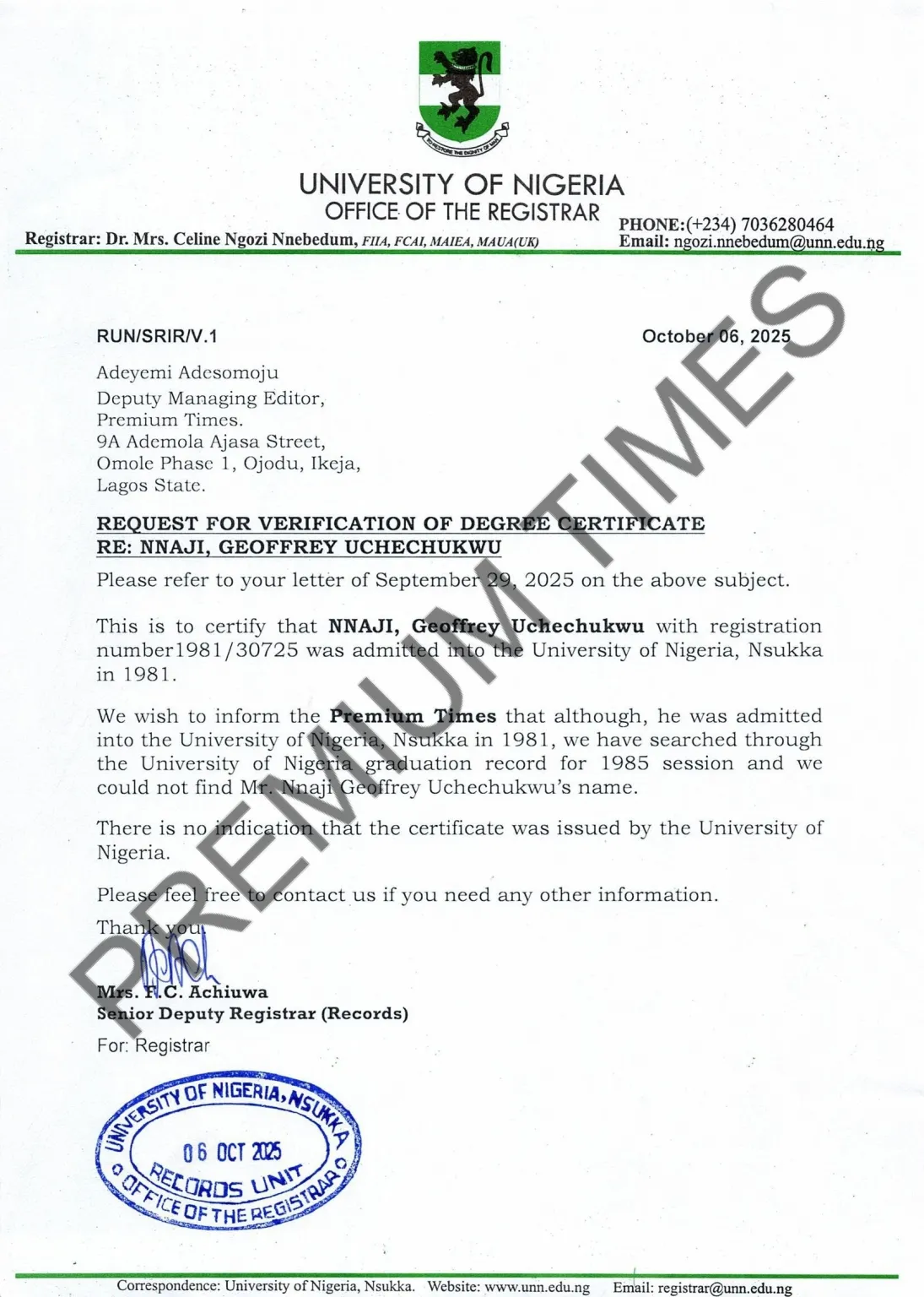 UNN Denies Authenticity of Minister Uche Nnaji’s Certificate