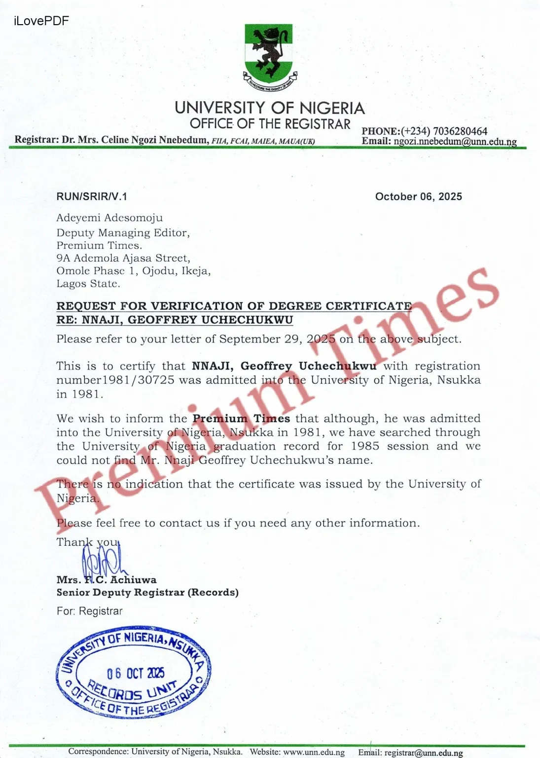 UNN Denies Authenticity of Minister Uche Nnaji’s Certificate