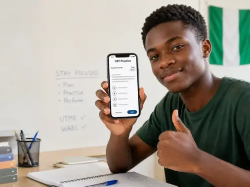 Nigerian student using an offline CBT practice app for UTME and WAEC preparation