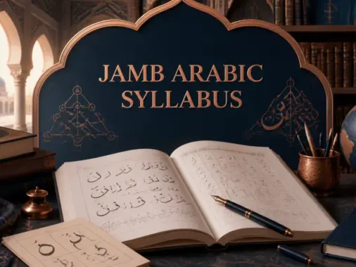 JAMB Arabic syllabus with workbook, calligraphy practice, books and grammar motifs