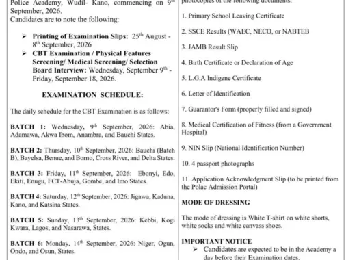 Official Nigeria Police Academy notice for the 13th Regular Course screening exercise in September 2026