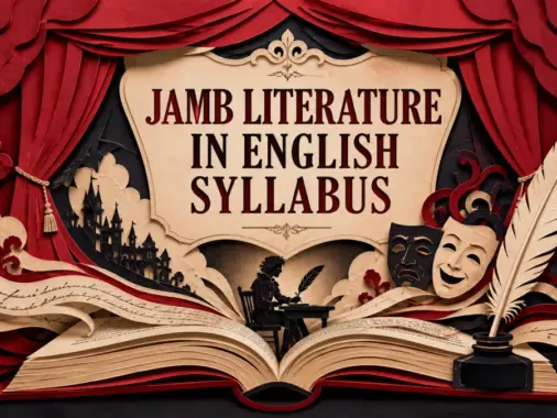 JAMB Literature in English syllabus represented as a paper-cut theatre and open book