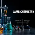 JAMB Chemistry syllabus with laboratory glassware and colourful chemical solutions