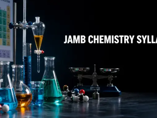 JAMB Chemistry syllabus with laboratory glassware and colourful chemical solutions