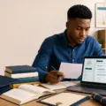 Nigerian graduate preparing an online postgraduate admission application beside academic books and a calendar