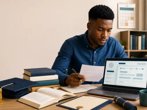 Nigerian graduate preparing an online postgraduate admission application beside academic books and a calendar