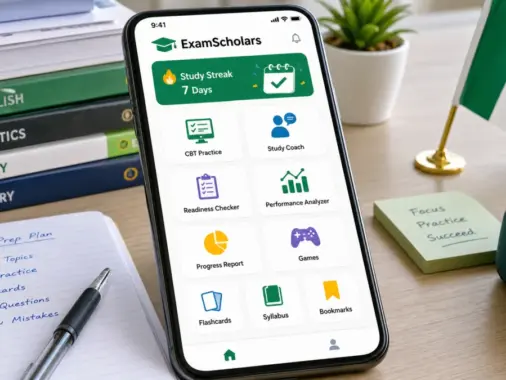 ExamScholars mobile app dashboard mockup showing CBT practice, study coach, readiness checker, performance analyzer and games