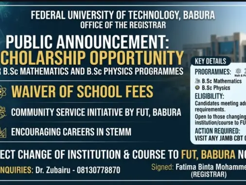 Federal University of Technology Babura official public announcement for free tuition in B.Sc Mathematics and B.Sc Physics