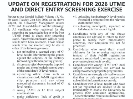 Ahmadu Bello University bulletin on 2026 UTME and Direct Entry screening registration errors