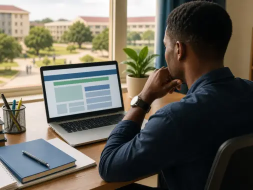 Nigerian university candidate checking a generic post-UTME screening result on a laptop