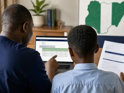 Parent and child checking a 2026/2027 Federal Unity Colleges JSS1 admission placement on a laptop