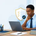 Nigerian secondary-school candidate reviewing an examination result status on a laptop with a checklist illustration