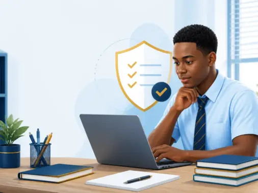 Nigerian secondary-school candidate reviewing an examination result status on a laptop with a checklist illustration