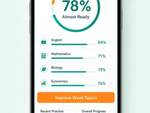 ExamScholars Readiness Checker mobile app mockup showing a 78 percent readiness score and subject progress