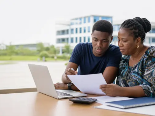 A Nigerian university student and parent reviewing admission and school-fee plans on campus