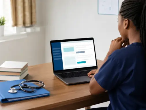 Nursing admission candidate checking an online admission result and acceptance fee deadline on a laptop