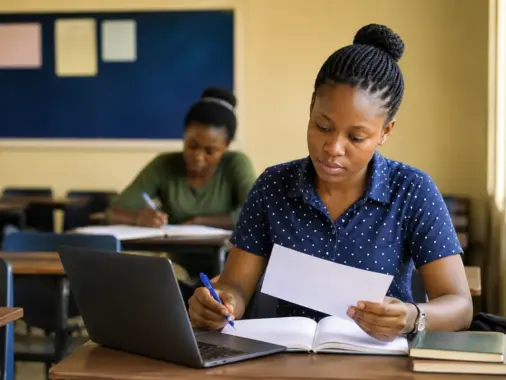 Nigerian student preparing an admission screening application in a teacher-training classroom