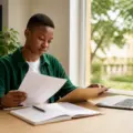 Nigerian undergraduate student reviewing scholarship documents beside a laptop