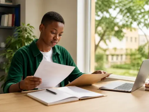 Nigerian undergraduate student reviewing scholarship documents beside a laptop
