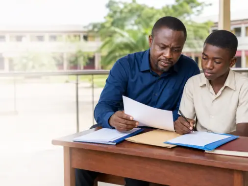 Parent and secondary-school student reviewing admission documents in an illustrative scene
