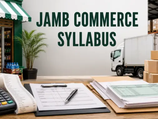 JAMB Commerce syllabus with retail shop, warehouse, delivery truck and trade documents