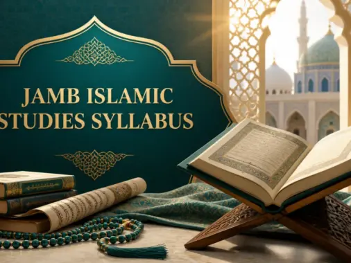 JAMB Islamic Studies syllabus with Quran, manuscript, prayer beads and Islamic architecture