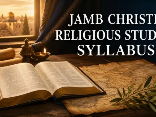 JAMB Christian Religious Studies syllabus with Bible, parchment map and olive branch