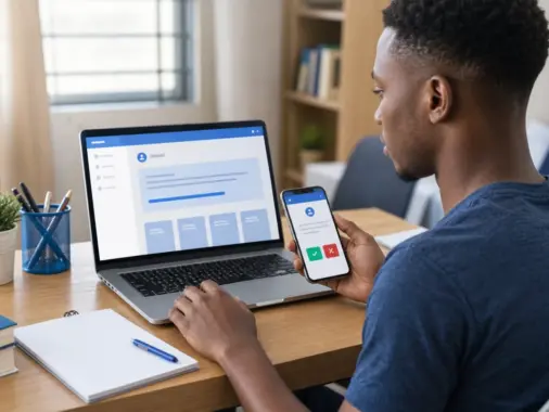 Nigerian admission candidate reviewing a generic accept-or-reject admission dashboard on a laptop and phone
