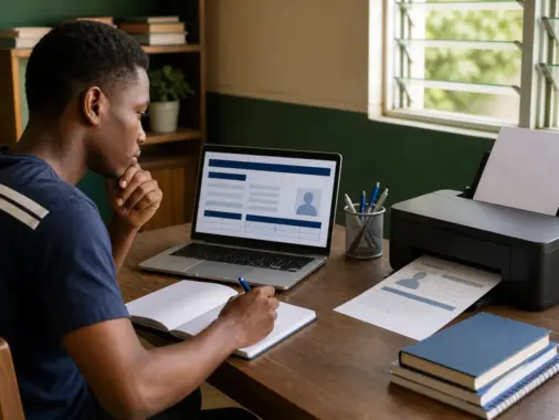 Nigerian NABTEB candidate checking an examination photocard and timetable on a laptop beside a printer