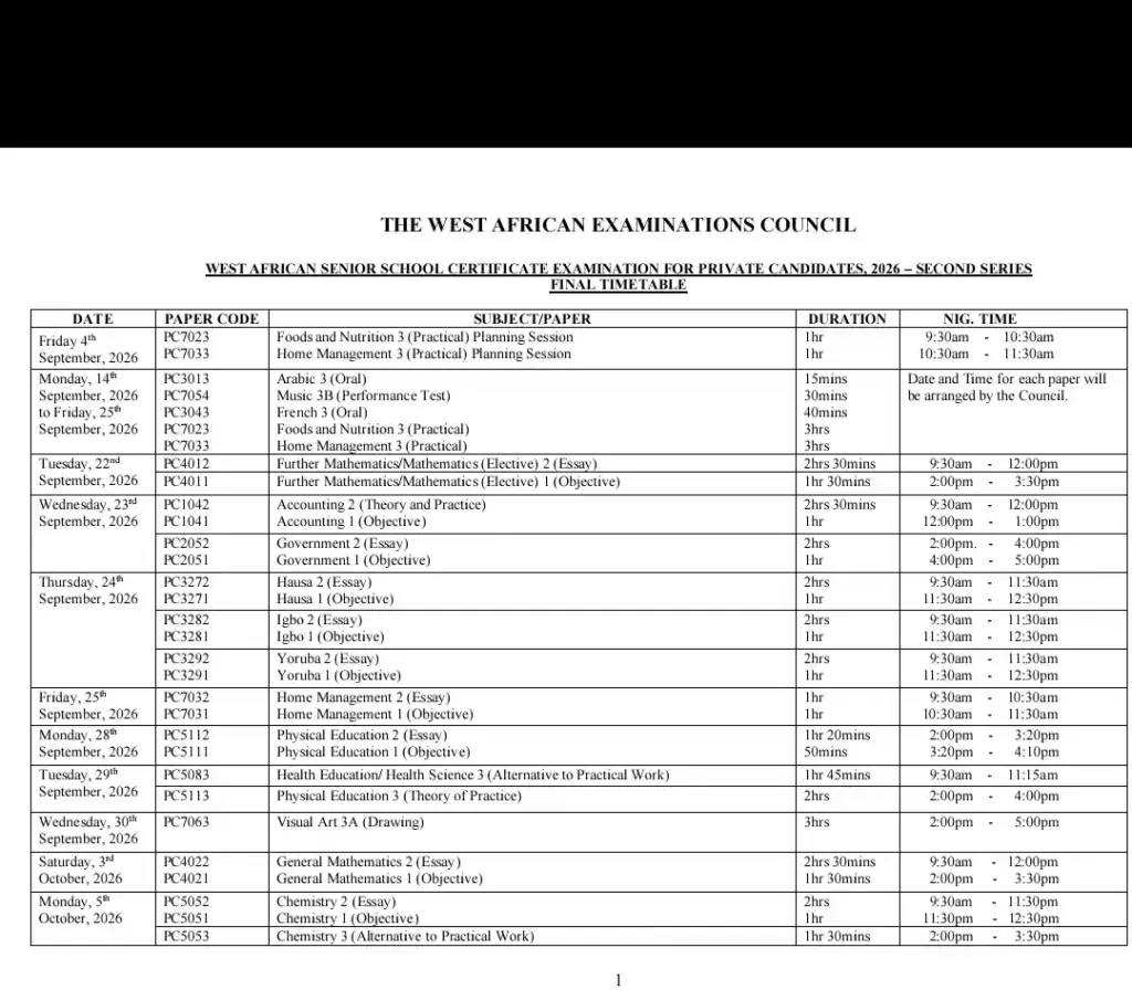 WAEC GCE Final Timetable 2026 PDF Download 