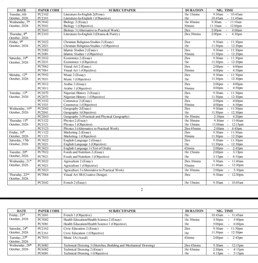 WAEC GCE 2nd series Final Timetable 2026