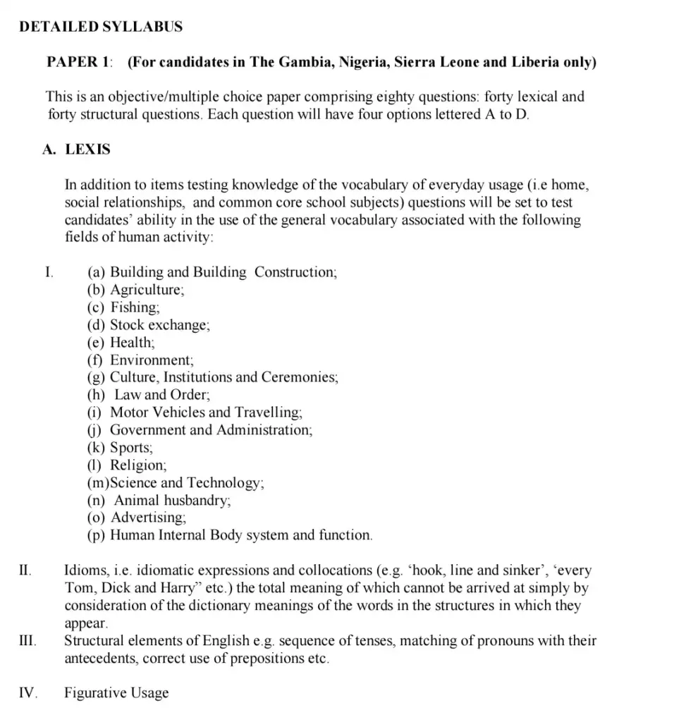 WAEC Syllabus For English Language 2026/2027