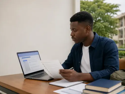 Nigerian university applicant reviewing a supplementary Post-UTME application checklist beside a laptop
