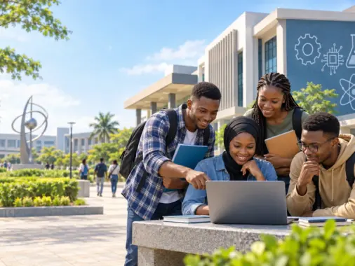 Nigerian university applicants checking an admission screening portal outside a technology-focused campus