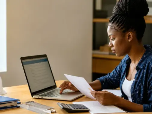 Nigerian female engineering undergraduate reviewing a scholarship application on a laptop