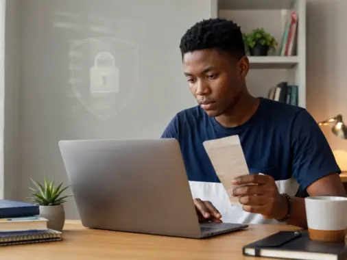 Nigerian polytechnic student checking a school payment on a laptop beside a receipt and a security shield illustration