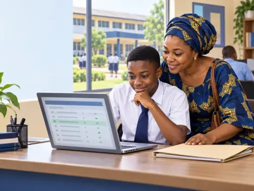 Nigerian parent and junior secondary school applicant checking an admission result on a laptop