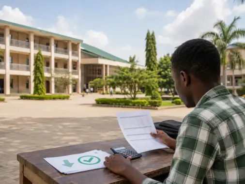 Nigerian university student reviewing a fee statement and calculator on a campus desk after a fee policy reversal