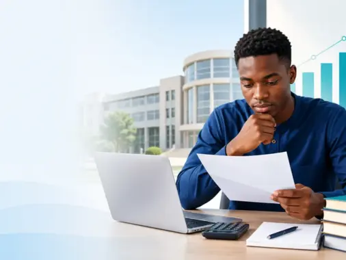 Nigerian university applicant reviewing an admissions score sheet beside a laptop and calculator