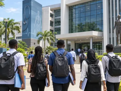 Nigerian university applicants walking towards a modern medical sciences campus building
