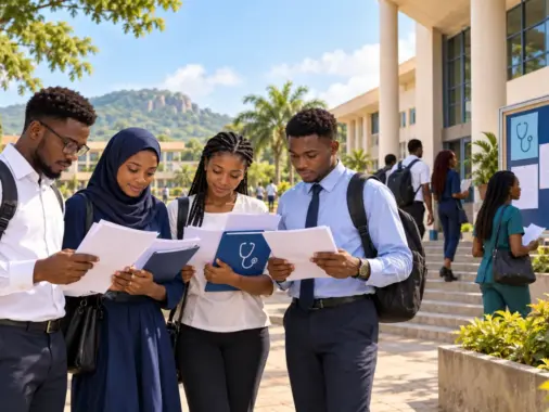 Nigerian university applicants reviewing medical admission documents on a campus