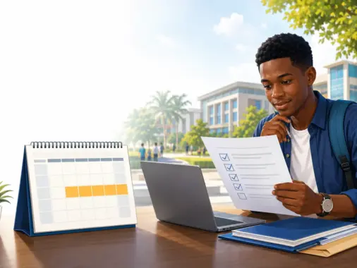 Nigerian university applicant reviewing an admission screening checklist beside a September calendar
