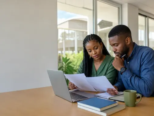 Nigerian postgraduate applicants reviewing university admission papers and an online application