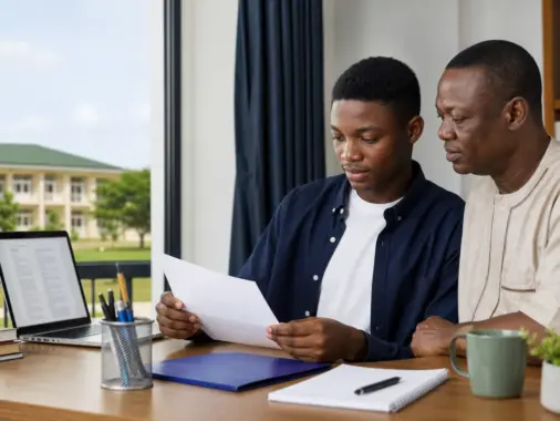 Nigerian admission candidate and parent reviewing an academy admission document
