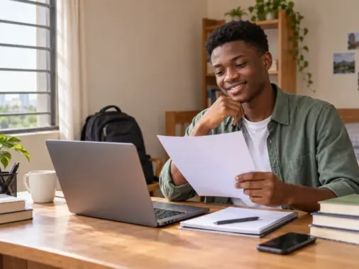Nigerian student reviewing tertiary admission papers and a scholarship application beside a laptop